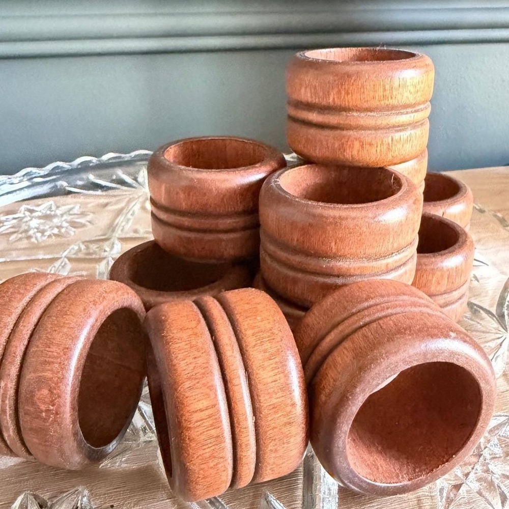 Vintage Wooden Napkin Rings Set of 12 Ribbed Double Groove Brown Rustic Boho‎